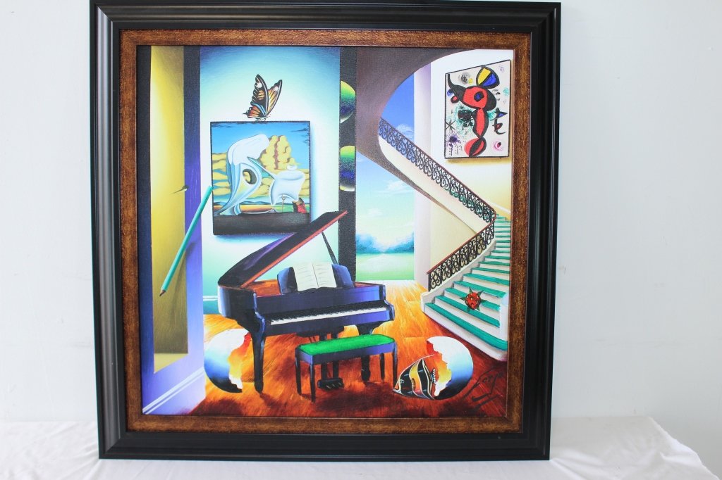 Fernando Oliveira, "Ferjo", b. 1946 Brazil: Fernando Oliveira, "Ferjo", b. 1946 Brazil, oil on canvas, abstract surrealist interior scene entitled "Piano Song with Dali", image 23.5" x 23.5", in slightly larger black ogee wood frame, signed low