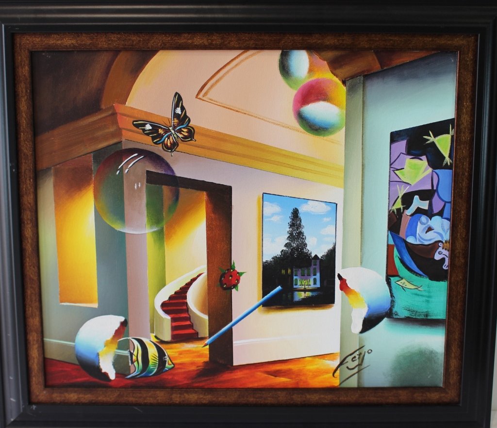 Fernando Oliveira, "Ferjo" b. 1946 Brazil: Fernando Oliveira "Ferjo" b. 1946 Brazil, oil on canvas abstract surrealist interior scene entitled "Arched Hallway", image 20" x 24" in black and wood grain frame, excellent condition.