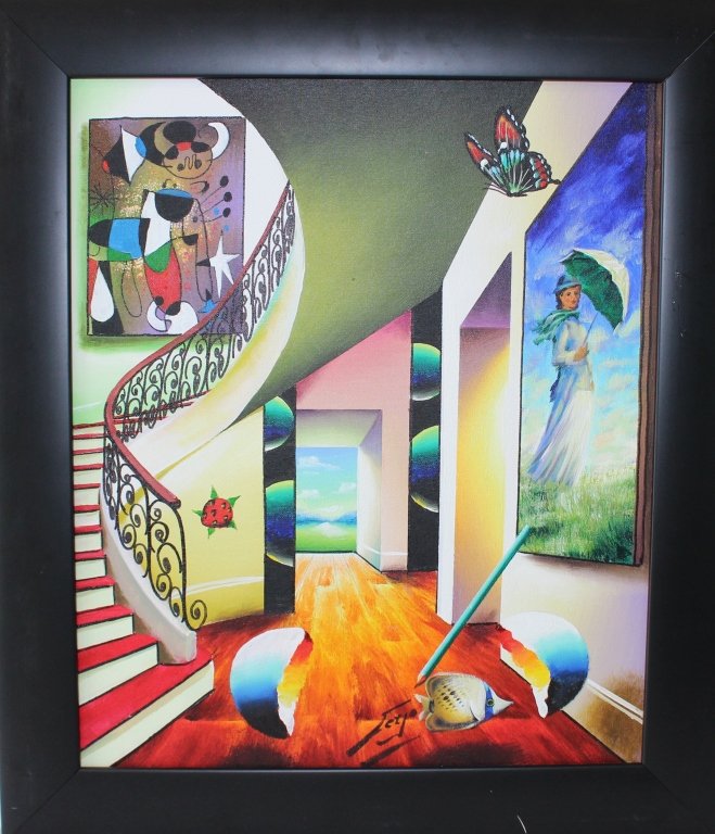 Fernando Oliveira "Ferjo" , b. 1946: Fernando Oliveira, "Ferjo", b. 1946, Brazilian residing in Pennsylvania, abstract surrealist, interior scene entitled "Umbrella Lady with Miro", oil on canvas in 25" x 29" frame, image 20" x 23.5". Ex