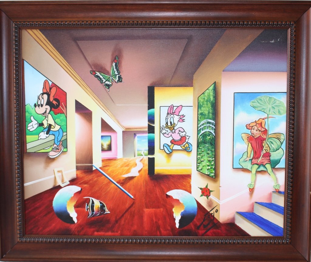 Fernando Oliveira, "Ferjo", b. 1946: Fernando Oliveira, "Ferjo", b. 1946, Brazilian living in PA., abstract surrealist interior scene entitled "Catch Me If You Can", in brown wood frame 35" x 29", image 29" x 23", small line bruise to ca