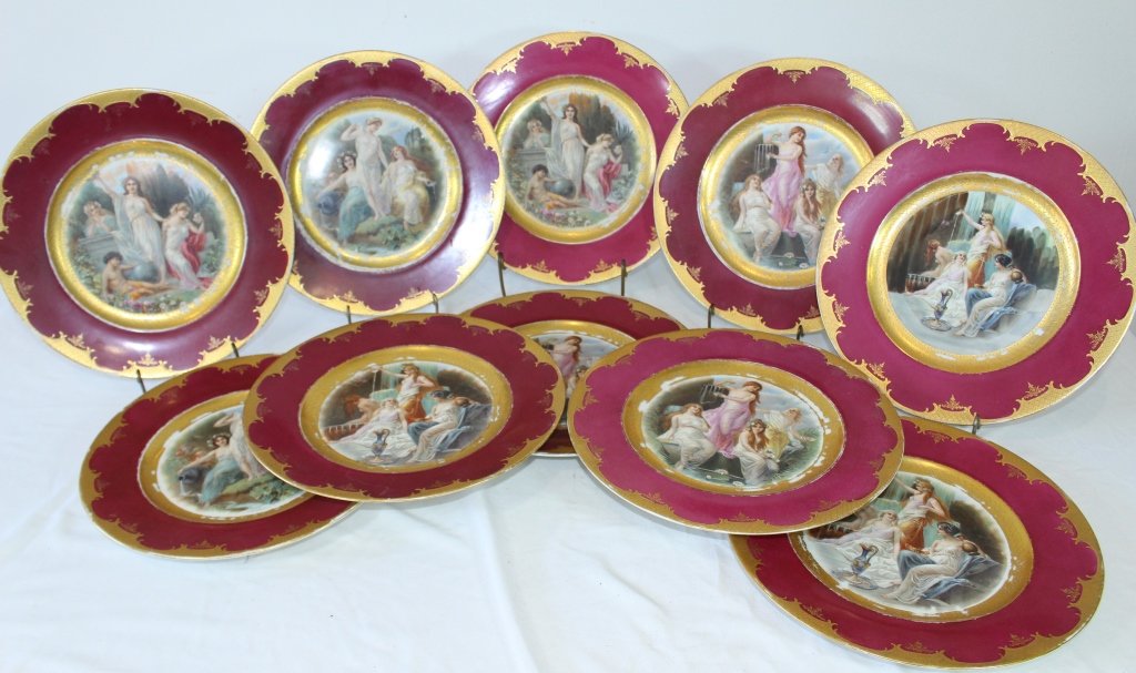 Set of 10 Porcelain Service Plates: Set of 10 decorated service plates with Hutchenreuther blank, beehive mark under glaze and over stamped in gold "Made in Karlsbad, Czechoslovakia", 11" diameter, decal and hand painted, different clas
