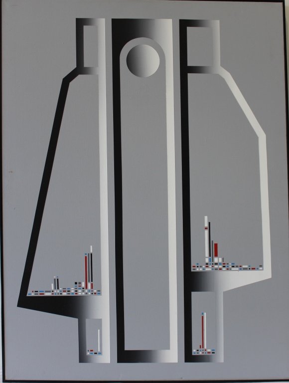 Mario Grimaldi, 1927-1997: Mario Grimaldi, 1927-1997, oil on canvas, geometric modern art, image 30" x 40" in thin black frame, very good condition.
