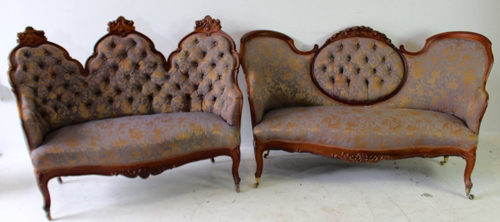 Two Rosewood Carved Victorian Settees: Two rosewood carved Victorian settees, upholstered alike, in good condition, fresh from family estate, c. 1875, 56"-60" x 30"d, 41"h._x000D_
