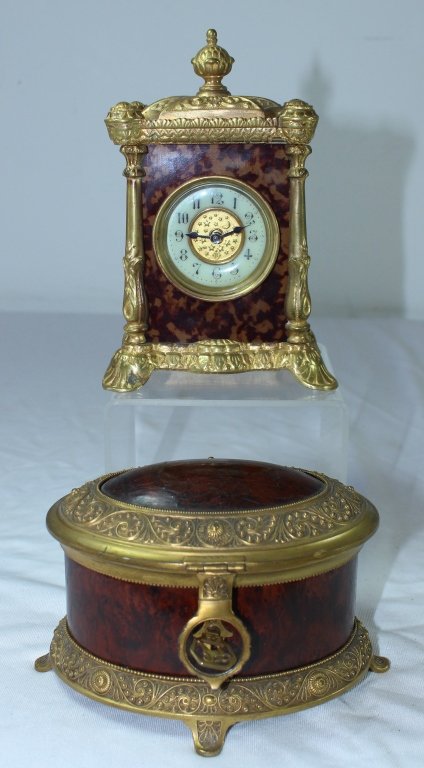 Cabinet Clock and Jewelry Casket: Fine cabinet clock in bronze and tortoise shell case by The British United Clock Company LTD. Birmingham, England, porcelain dial and burl wood. Also bronze mounted jewel box, great condition, 6.5" x