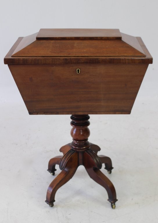 Victorian Mahogany Sewing Stand: Victorian period mahogany sewing stand, finger carved spider legs, turned post, cloth lined interior, 21.5" w, 14.5" d, 25.5" h. Good condition.