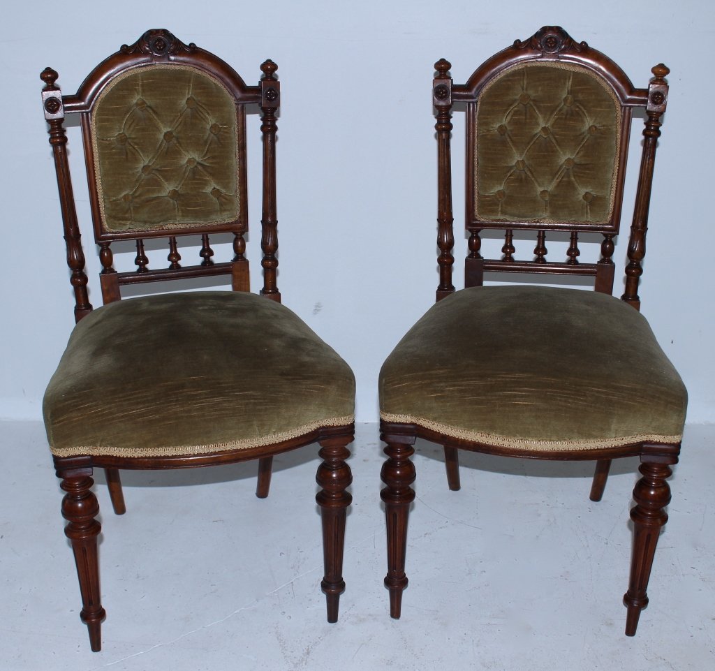 Pair Edwardian Side Chairs: Pair of Edwardian velvet upholstered side chairs, good turnings and carvings, good original condition, 36" x 18" x 18".
