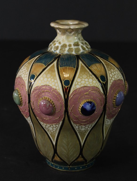 Amphora Art Nouveau Jeweled Vase: Amphora, Teplitz Bohemian Art Nouveau porcelain vase, pulled stylized peacock feather decoration with applied cabochon "jewels", impressed Reissner crown mark, c. 1905, mint, 6".