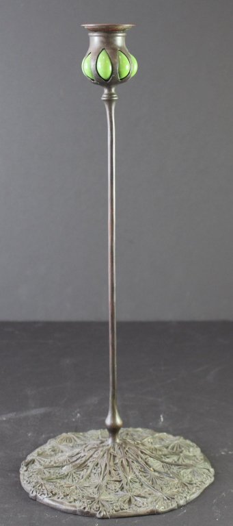 Queen Anne's Lace Bronze Candlestick: Tall Queen Anne's Lace bronze candlestick with green blown out glass top, marked "Tiffany Studios, New York" with logo, D555, 18.5".