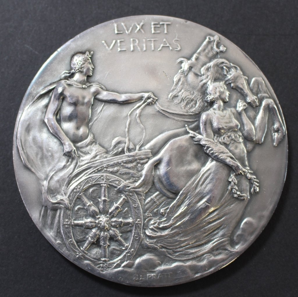Yale Bicentennial Medal by Tiffany & Co.: Yale Bicentennial medal by Tiffany & Co., signed, sterling silver, c. 1901, designed by Bela Lyon Pratt (signed), 2.75" diameter, fine condition.