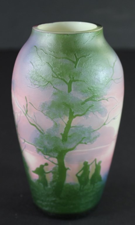 Muller Freres, France Cameo Glass Vase: Muller Freres, France, cameo art glass vase, 4 color layers, scene of dancers under a tree, pink sky. Signed, 6", mint condition. NOTE: This vase has been reduced.