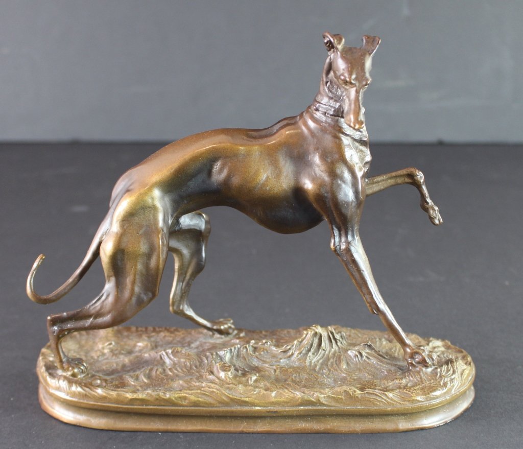 Pierre Jules J. Mene Bronze Whippet: P. J. Mene bronze sculpture of Whippet dog. Sharp, crisp detail and fine patina, excellent condition, 7.5" x 9" x 3.5".
