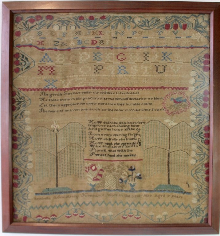 1839 Child's Sampler: Fine 1839 child's cross-stitch sampler, by Isabelle Armstrong Keenum, age 9, framed under non-glare glass, image shows detail of mums and strawberry border several "ABCs" in different sizes, weeping w