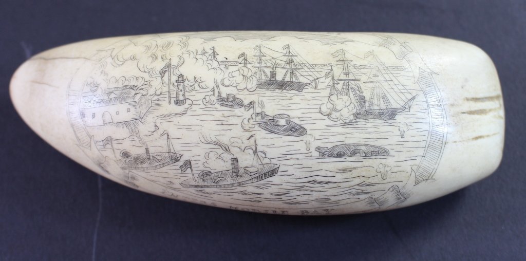 Scrimshaw Sperm Whale's Tooth c. 1865: Scrimshaw engraved sperm whale's tooth, c. 1865, ship battle scene of "Farragut's Fleet entering Mobile Bay" other side is portrait of Lincoln in flag draped oval frame, cannon, cannonballs, good deta