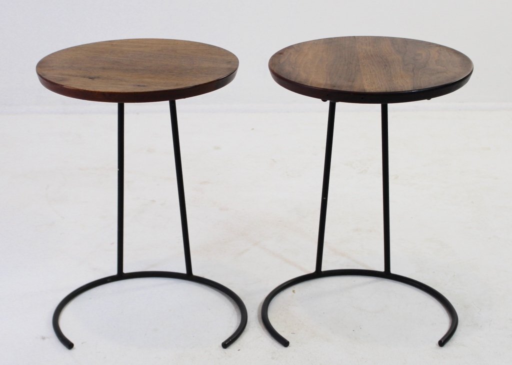 Jens Risom Design Inc. Pair Occasional Tables: Jens Risom Design Inc. pair of walnut and wrought iron occasional tables, stackable, 14" solid walnut top, each 21" high, some wear but good condition.