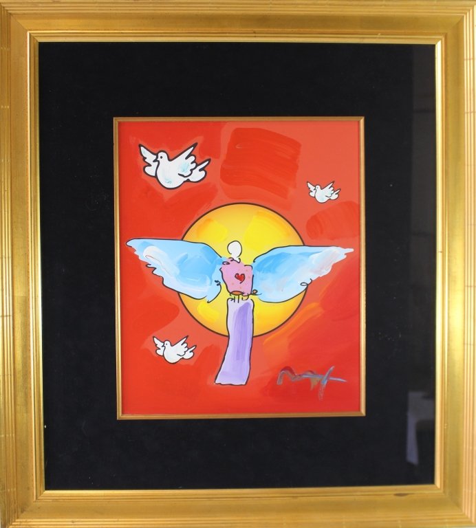 Peter Max, Mixed Media on Paper: Peter Max, mixed media on paper, stylized angel in front of yellow orb with doves flying, signed lower right as well as dedication en verso "4 Robin Love Max 2005" with profile line drawing. Frame 24"