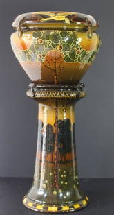 Rare Roseville Decorated Landscape Jar & Ped: Extremely rare Roseville Decorated Landscape jardiniere and pedestal, undoubtably the work of Frederick Rhead, c. 1902-03, this Art Nouveau set is as close to mint as possible, with birds, trees, sunr