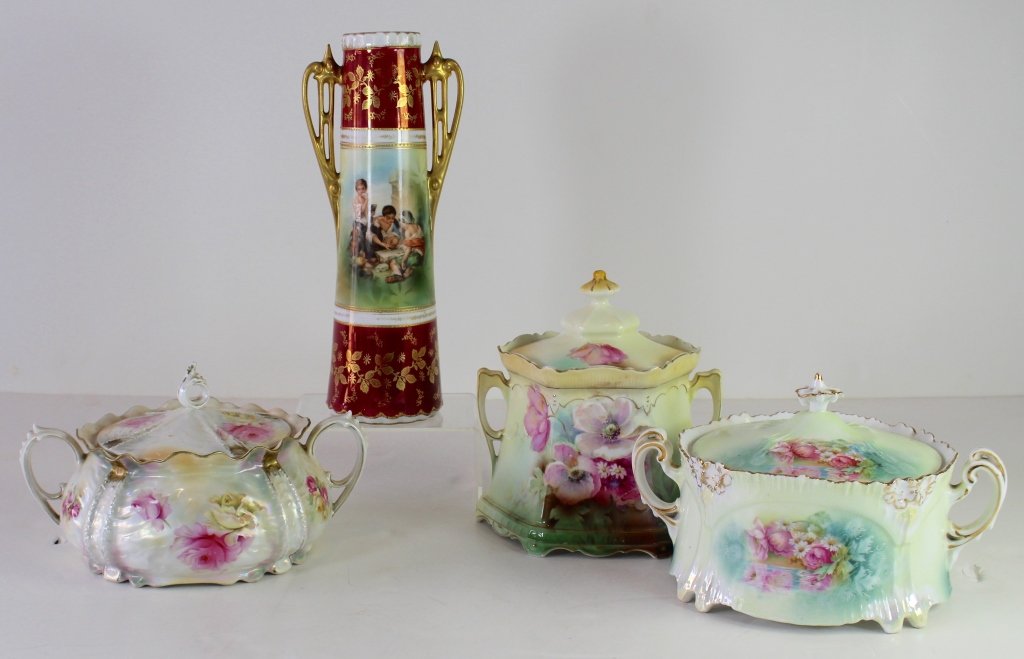 R. S. Prussia Group: R. S. Prussia group: 3 hand painted and decorated cracker jars, vase with "The Melon Eaters", all in good condition, vase 11"h.