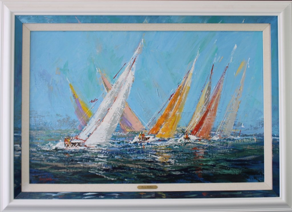 Kerry Hallam, American 20th Century: Kerry Hallam, American 20th century, acrylic on canvas of racing sailboats, very colorful with extended painting on mat. Professionally framed and matted with metal tag, 43.5" x 31.5" x 2.5", signed l