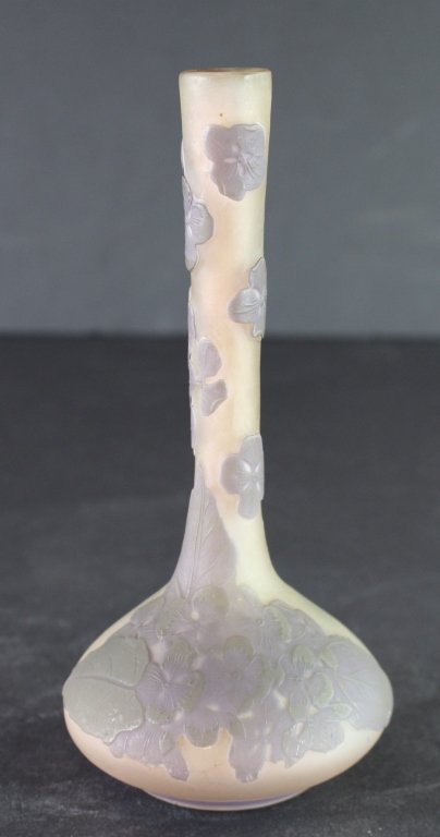 Emile Galle, Nancy, Paris, Cameo Glass Vase: Emile Galle, Nancy, Paris, cameo art glass bud vase, 3 color stylized flower petals and leaves, 13", signed with early paper label, mint.