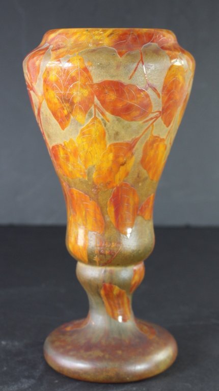 Daum, Nancy, Art Glass Vase: Daum, Nancy, art glass vase, acid cut-back, beautiful autumn colored leaves on classic Daum 11" vase, fine condition, cross signature.