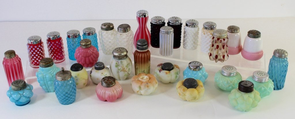 Collection of Victorian Glass Shakers (36): Collection of 36 Victorian glass shakers. Group includes 7 matched pairs and 19 odd shakers. Featuring Mt. Washington, Fenton, Hobbs-Brucknier, cranberry, cased, etc. Some with original, replaced or n