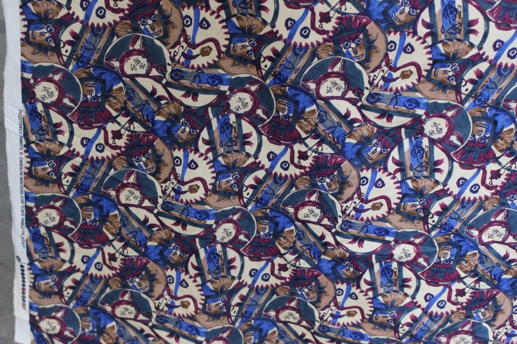 Two Bolts of "Cafe Pablo Picasso" Fabric: Two bolts of "Cafe Pablo Picasso" fabric, each with 60 yards of 100% printed cotton of abstract pattern in wine and blue colors by Pozitively Prints Carolyn Winters.