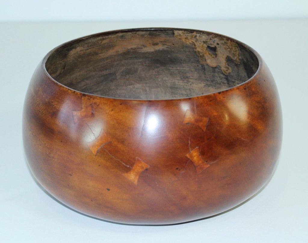 Hawaiian Koa Wood Poi Bowl: Hawaiian Koa wood poi bowl (calabash), late 19th century, fine condition and patina, with butterfly mends, 5" x 10" diameter.