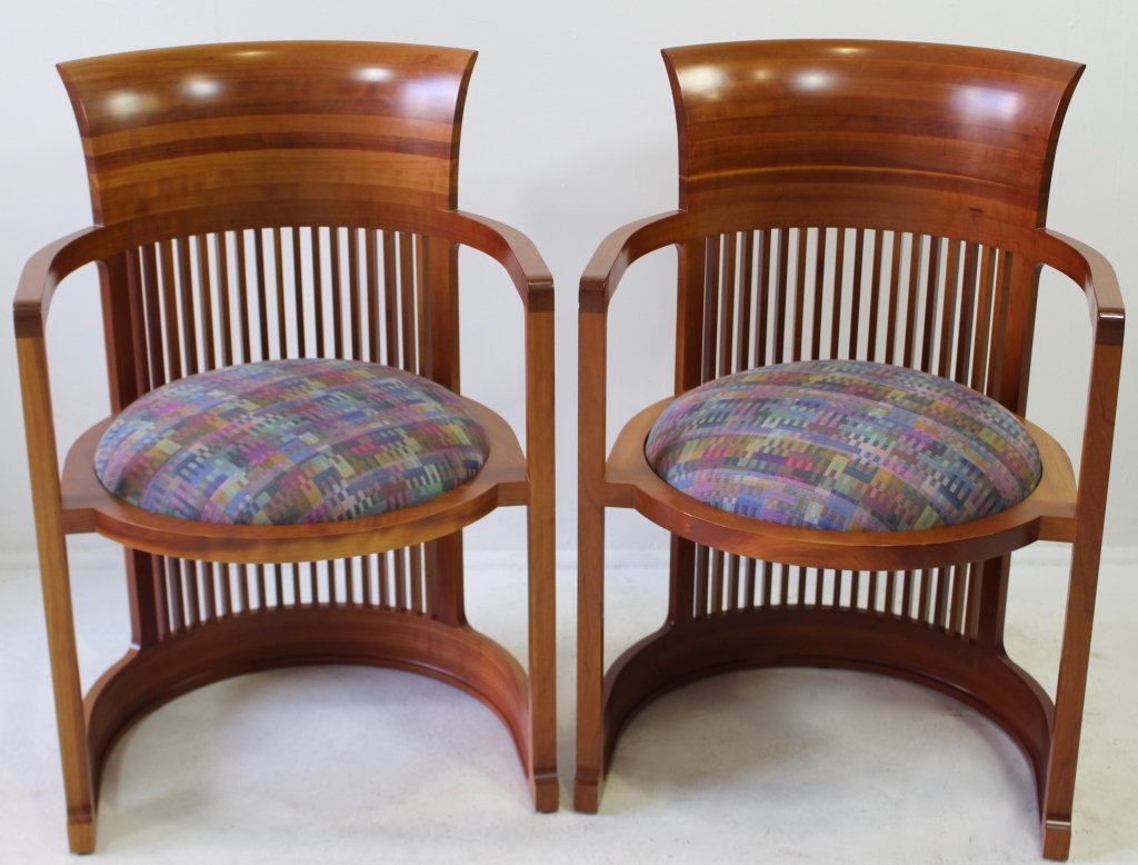 Frank Lloyd Wright by Cassina Chairs: Frank Lloyd Wright designed chairs by Cassina Furniture, a pair of "Taliesin" barrel chairs in cherry, spindle backs to floor, rounded with arms attached and round seats with FLW fabric, good conditio