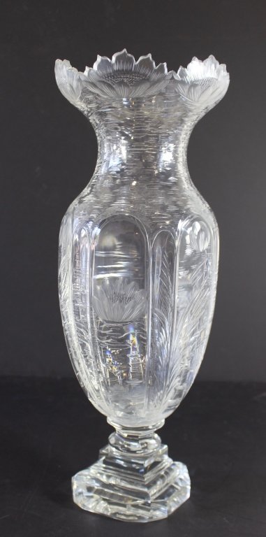 Intaglio Cut Glass Vase, attributed to Hawkes: Fine and large Intaglio cut glass vase, attributed to Hawkes but unsigned, "1850" etched on bottom, 19.75" tall, in very good condition..
