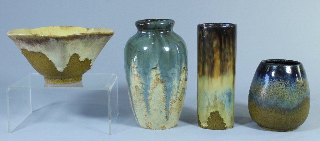 Group of Four Fulper Pottery Cabinet Pieces: Group of four Fulper Pottery pieces: 3.5" double over-drip glaze #011, 2.5" x 5.5" bowl with mustard glaze and over-drip, 5.5" cylinder vase #57, 6" Butterscotch Flambe glaze vase #839 with partial pa