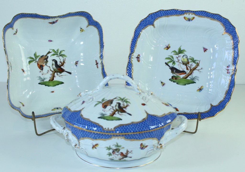 Herend Rothschild Bird Blue Border 3 Pieces: Herend porcelain Rothschild Bird blue border, 3 pieces; Large deep bowl 10" x 3.5", shallow vegetable bowl 10.5" x 2", round covered tureen/bowl 12" x 7". All mint condition.