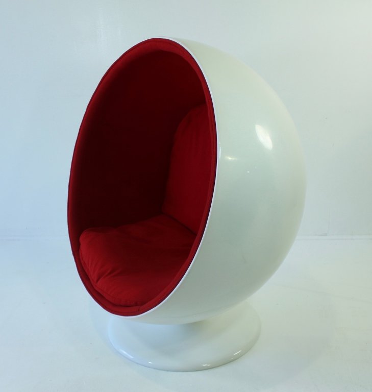 Eero Aarnio for Asko "Ball" Chair: Eero Aarnio for Asko "Ball" chair, red fabric interior and cushions on swivel base. Aluminum, fiberglass, white enamel paint exterior, very good condition with very minor scape on backside. Approximat