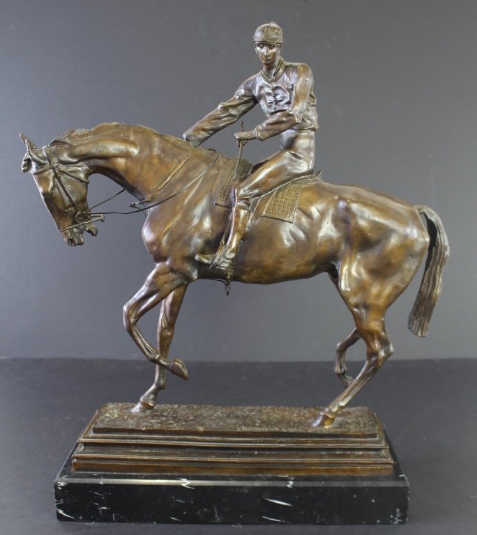 Isidore Jules Bonheur (after) Bronze: Isidore Jules Bonheur (after) French 20th century, Le Grand Jockey, bronze of horse and jockey on black marble base, fine patina and condition. 25" h x 21" x 7".