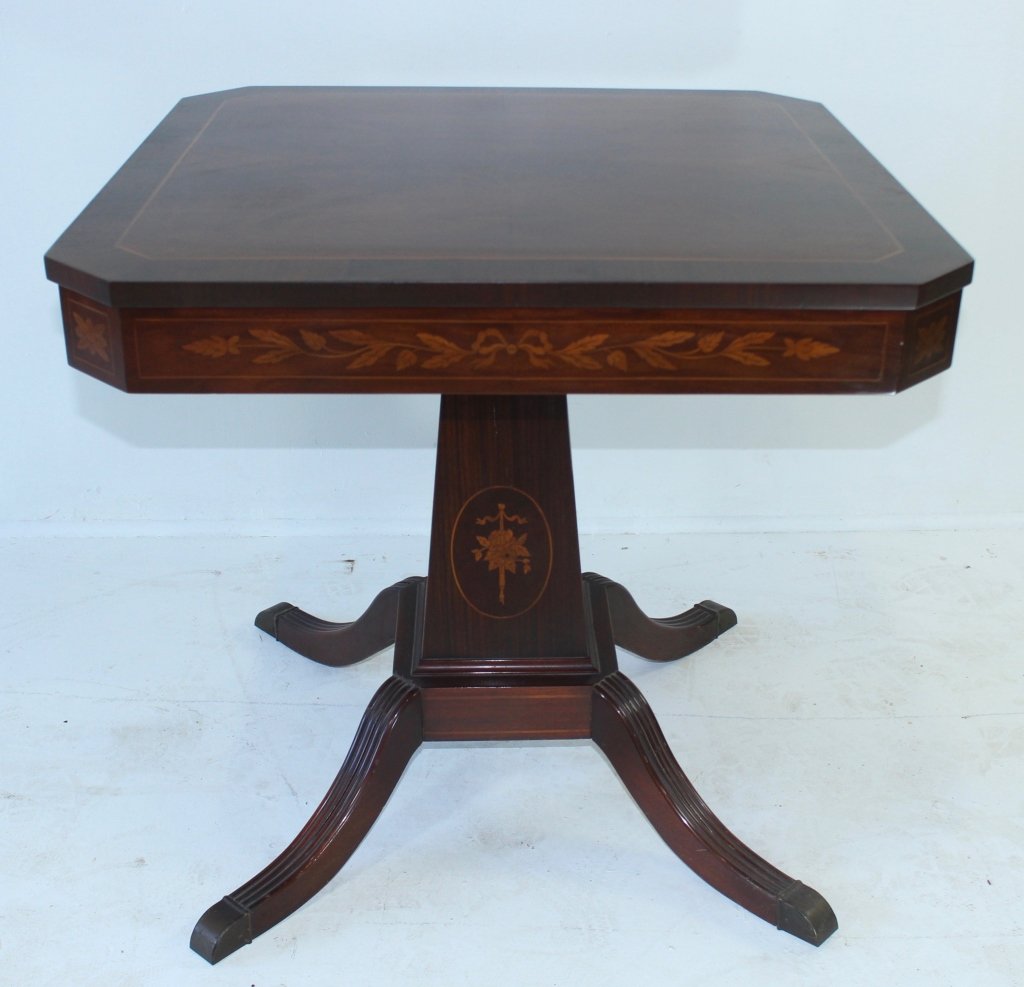 Mahogany Inlaid Game Table: Mahogany string inlay and banded top game table, marquetry inlaid apron, inlay post on Duncan Phyfe style legs, c. 1930, perfect condition 28.5" x 29.5" top.