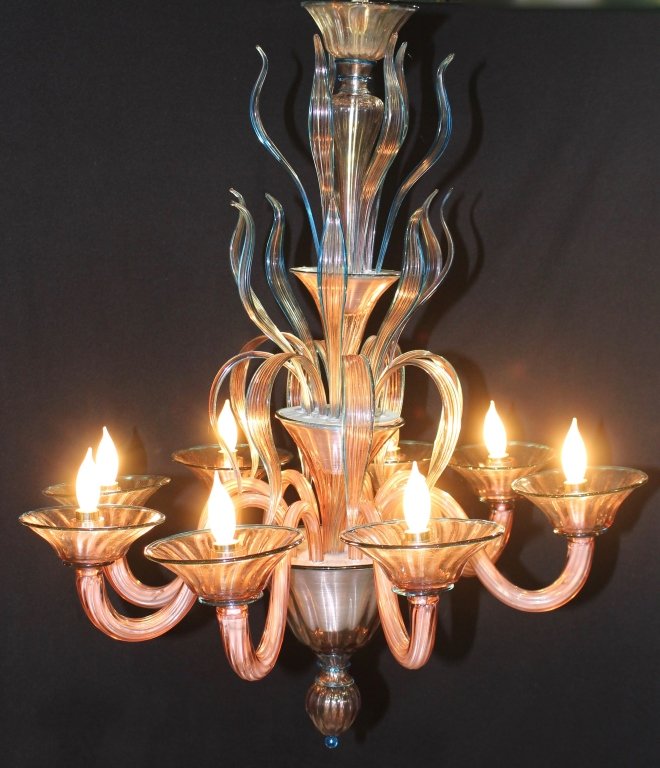Fine Murano Chandelier and Matching Sconces: Fine Murano chandelier with matching sconces, 7 lights on bent arms from bottom tier, glass tendrils on next 2 tiers, rose colored glass with blue highlight edges, 33" high, 31" diameter. Matching 2 l