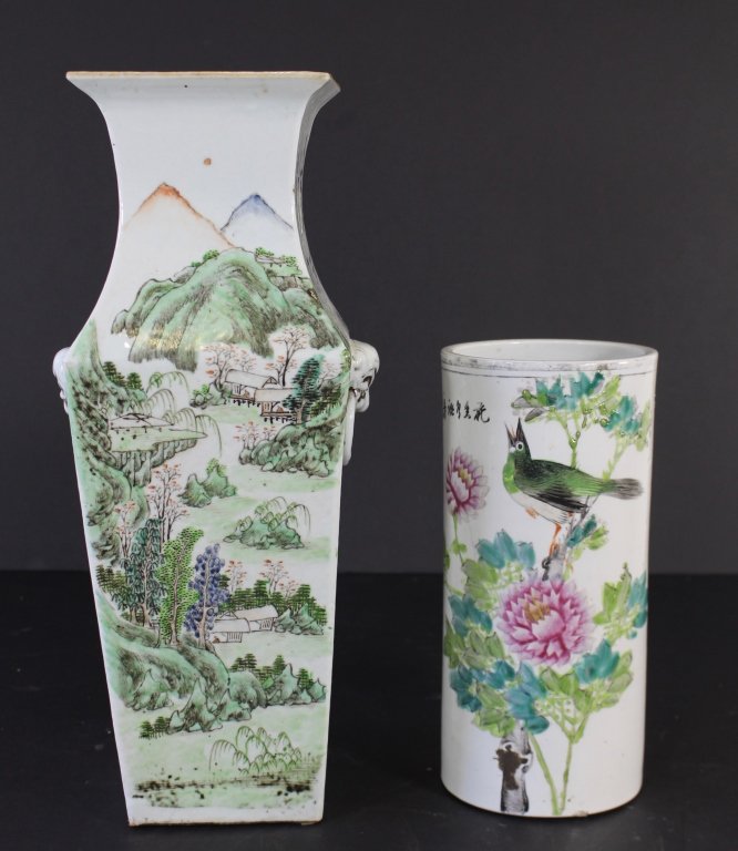 Two Chinese Decorated Porcelain Vases: Two Chinese decorated porcelain vases, 16.5" scenic landscape with calligraphy and 10.5" cylinder shape vase with bird and floras, both in good condition.