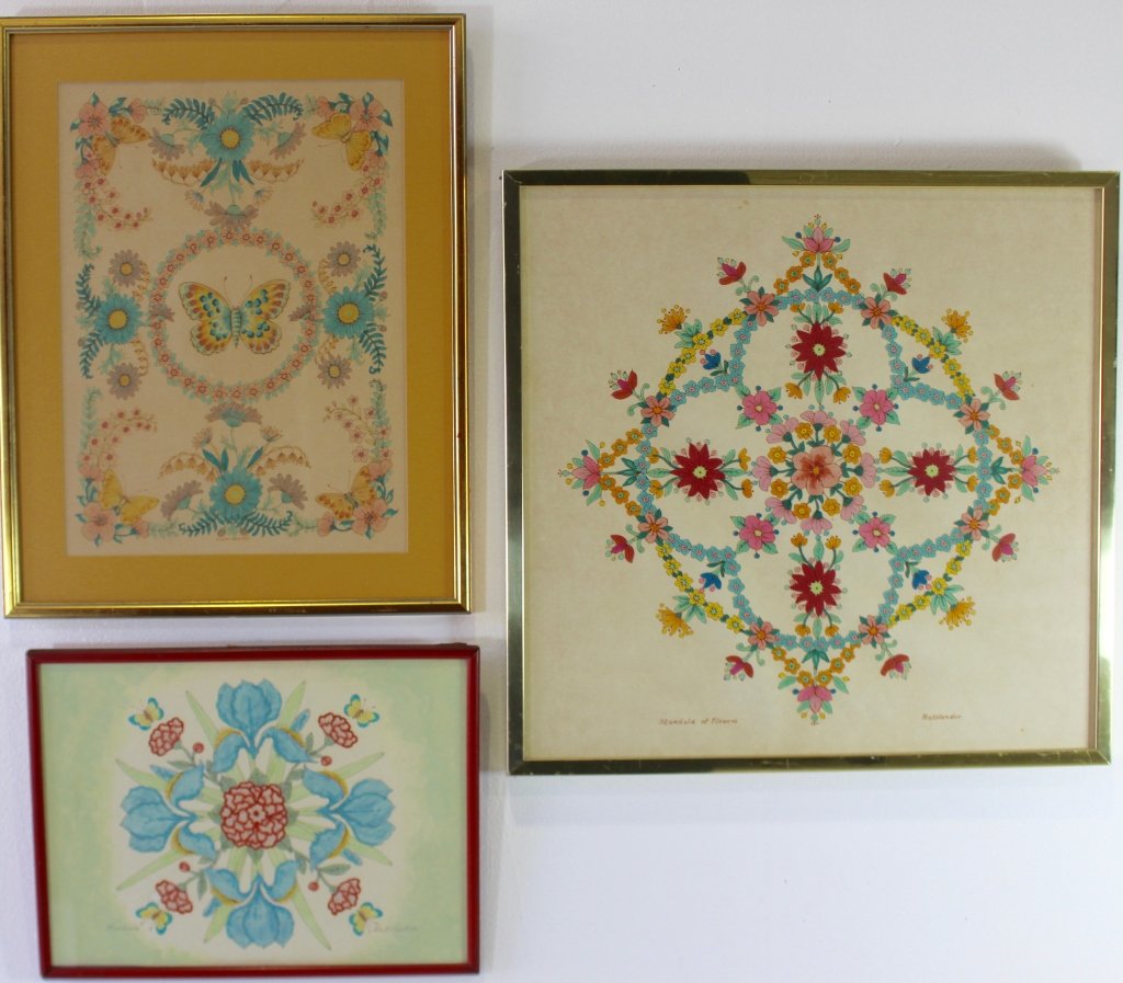 Three Jack Hofflander, 1920-2003: Jack Hofflander, 1920-2003, three fine floral design watercolors, balance, kaleidoscopic wreaths with butterflies and colorful flowers all three on paper, all signed, two titled "Mandalas", largest im