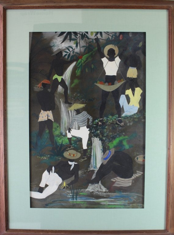 Jack Hofflander, 1920-2003: Jack Hofflander, 1920-2003, fine gauche on cardboard panel, entitled "Straw Hats", signed lower right Haiti- Hofflander-1957. Scene of 8 native male islanders in various poses with waterfall backgroun