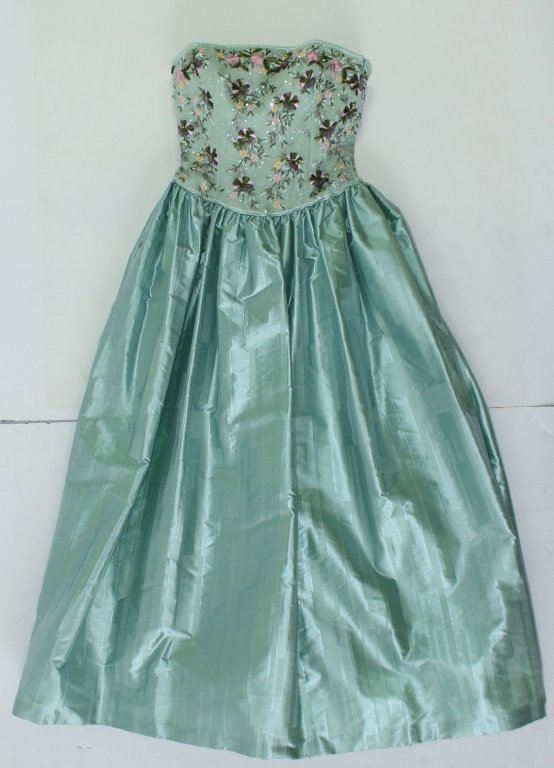 Escada Couture Ball Gown: Escada couture ball strapless gown, silk satin full skirt with beaded, sequined, and floral embroidered bodice, organza lined, 51" from bodice to hem line, European size 38, US size 6. Worn once, like