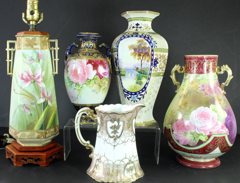 Five Piece Group of Nippon Porcelain: Five piece group of Nippon porcelain 1890-1921, this group features large 10.5"-13" vases, 12" lamp base, and 7.5" pitcher, all in good condition.