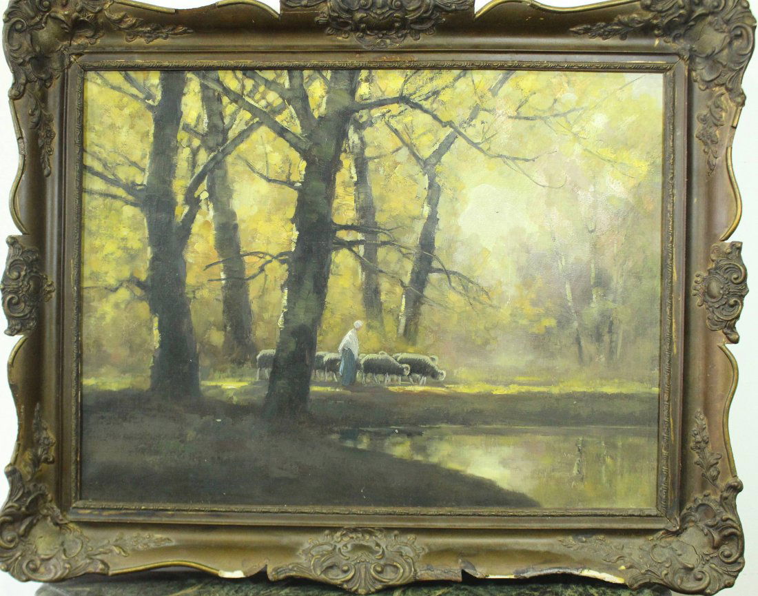 Laszlo Kezdi Kovacs, Shepherdess with Flock: Laszlo Kezdi Kovacs, 1864-1942. Oil on canvas, shepherdess with flock of sheep on sunlit trail through the forest. Age of painting appears to be 1890-1900, eastern European (Hungarian), artist signatu