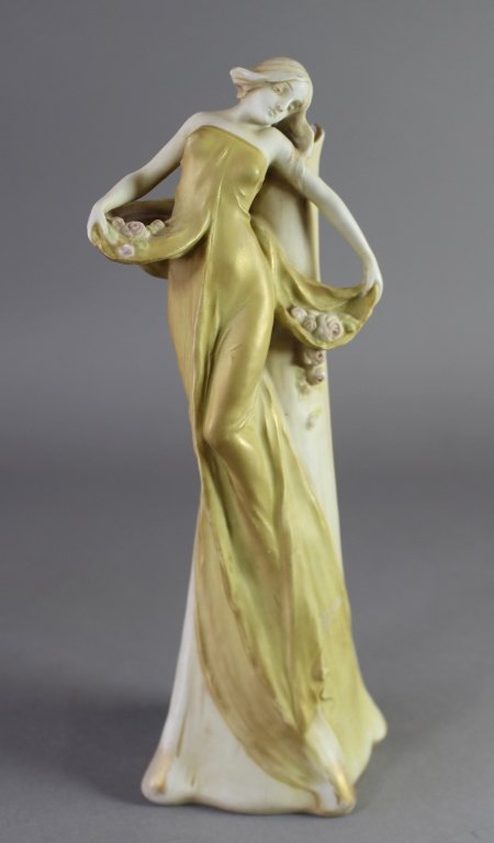 Amphora Art Nouveau Vase: Amphora, Teplitz, Art Nouveau porcelain vase, elegant lady in flowing gown holding flowers, impressed numbers and under glaze numbers, unsigned, 11" mint condition.
