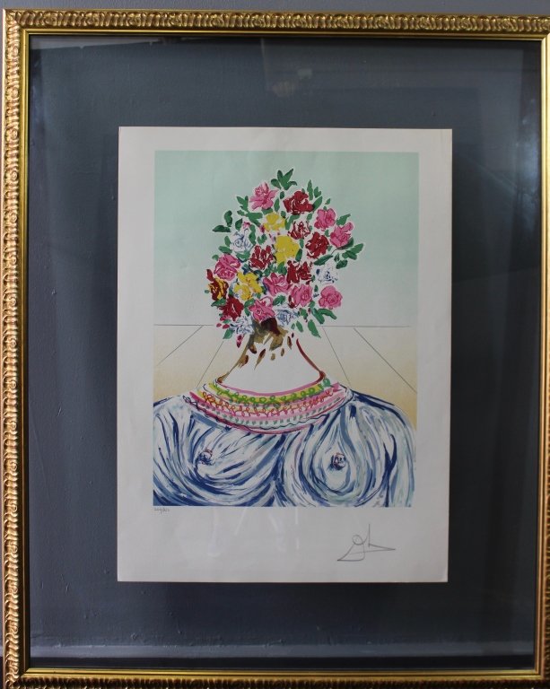 Salvador Dali, "Flowering of Inspiration": Salvador Dali, limited edition lithograph, 266/350, "Flowering of Inspiration", 1978, paper size 21.5" x 29.5", layered between 2 pieces of glass in 36.5" x 45" frame. excellent condition. On Arches p