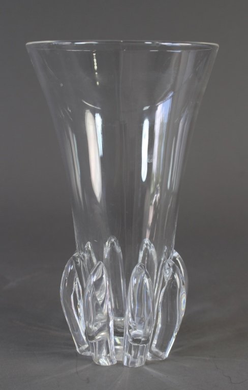 Steuben Crystal Modernist Vase: Steuben clear crystal modernist vase, 10", eight lobes applied to base, signed, perfect condition.