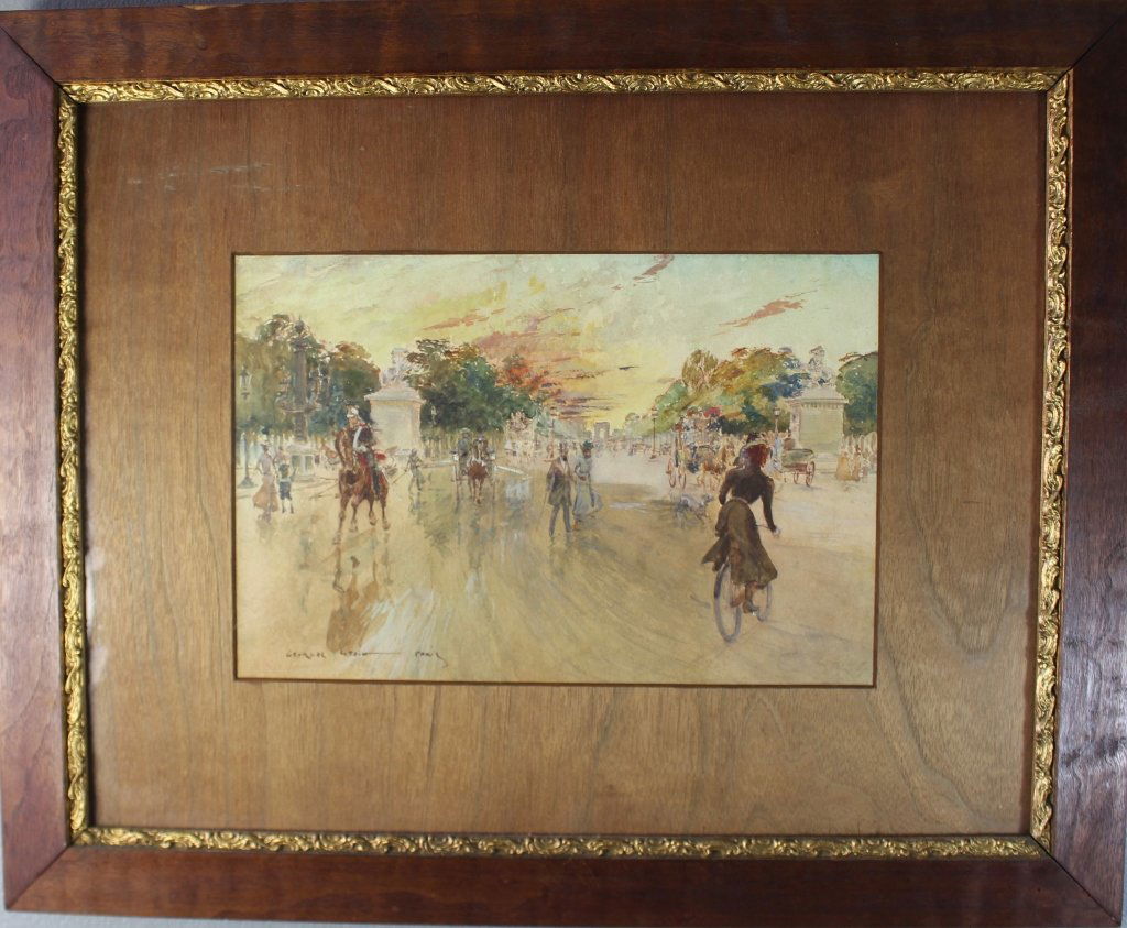 Georges Stein (1870-1930): Georges Stein (1870-1930), watercolor , c. 1910, Parisian street scene, image 9" x 13" in original frame 18.5" x 23", signed lower left, very good condition.