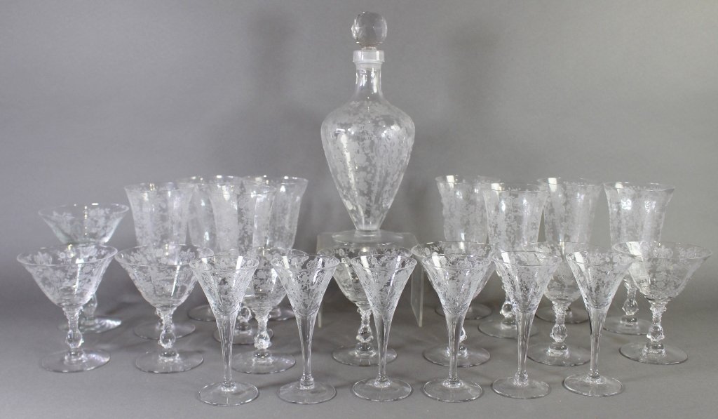 Cambridge "Rosepoint" Crystal Stemware: Cambridge "Rosepoint" crystal stemware with rare decanter (not original stopper), 8-7.25" goblets, 7-4.75" champagnes, 1-5.75" tall champagne, 6-rare 5.25" fluted cordials, all mint condition.