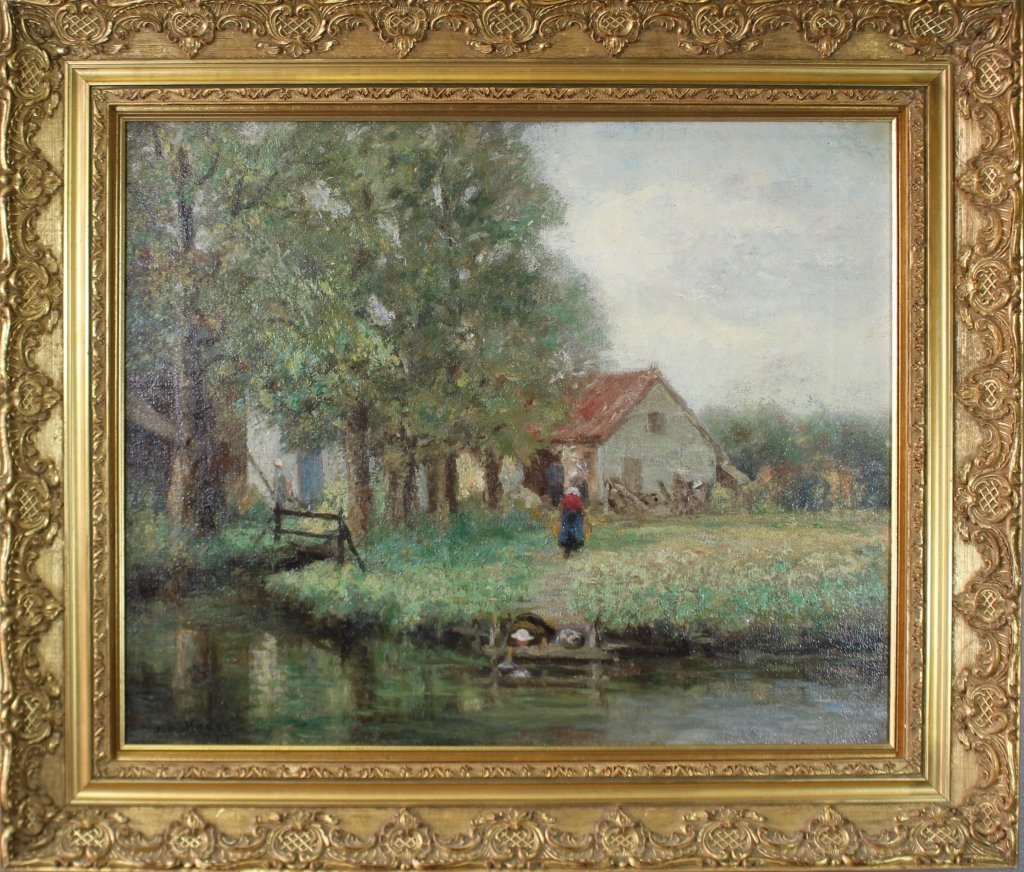 James C. Magee, 1846-1924: James C. Magee, 1846-1924, oil on canvas Impressionist landscape featuring red roof building and pond, lone figure on path, image 22" x 18", 29" x 25" frame, signed lower left, very good condition.