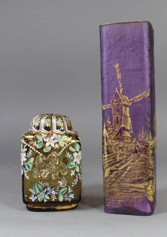 Two Pieces Victorian Era Glass: Two Pieces Victorian era glass: Floral enameled and applied decoration hat pin holder?, possibly Stevens and Williams, 5" with applied salamander and gold traced flower, also a fine 8.75" cameo cut ba