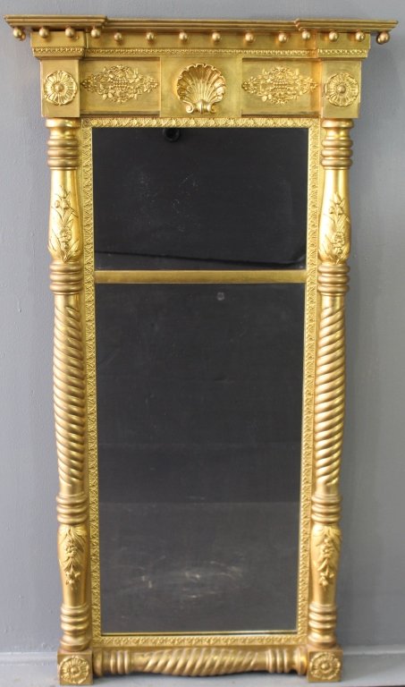 Late Federal Period Trumeaux Mirror: Late Federal period gold gilt trumeaux mirror, Neo Classical Sheraton style, c. 1840-50, surely manufactured in Boston, Philly or New York. Shell carved crest, split matching columns, very good condit