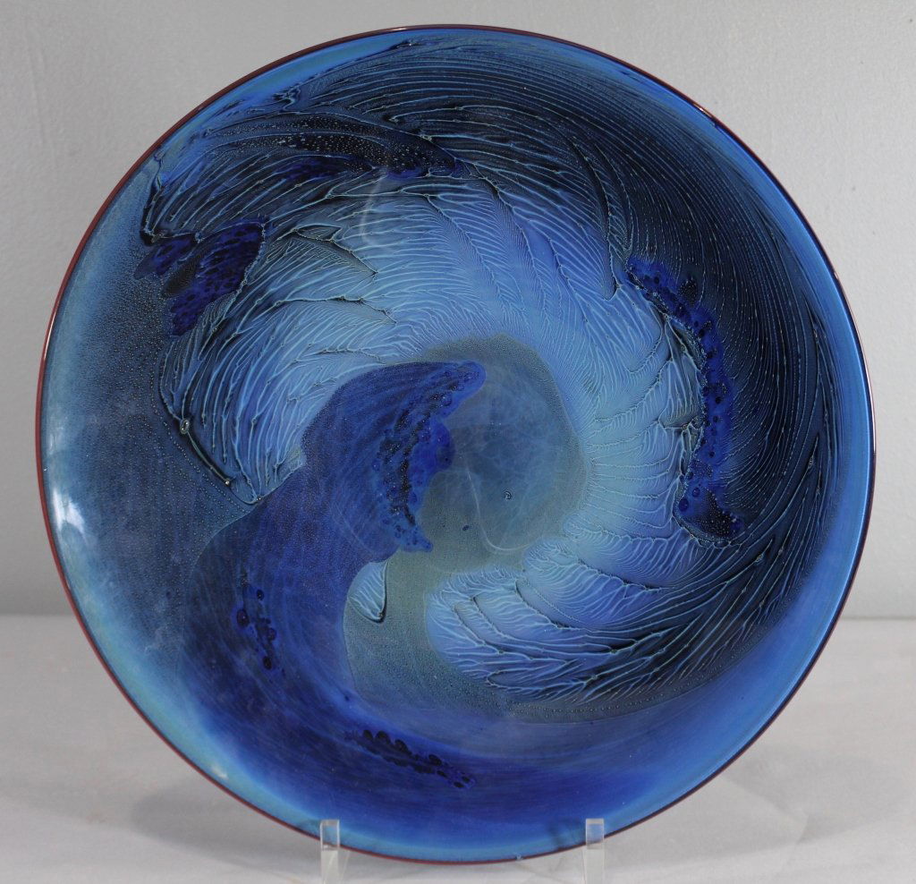 Josh Simpson, Contemporary Glass Artist: Josh Simpson, contemporary glass artist, fine 17" diameter "earth blue" shallow bowl, signed and dated 1998,